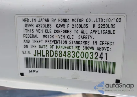 2003 Honda Cr-V Lx from USA, damaged, VIN JHLRD68483C003241